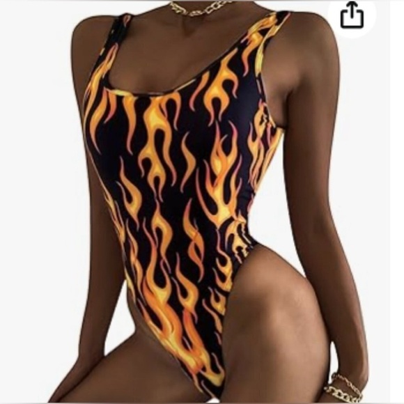 Flame Print One Piece Bodysuit Swimsuit Sleeveless High Cut Bikini Swimwear SM - Picture 10 of 11